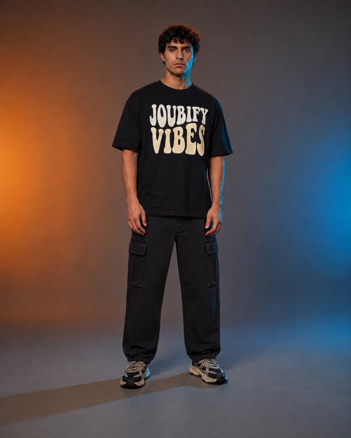 Joubie wearing the Joubify black wide-leg cargo pants with the Joubify Vibes tee in the noir studio