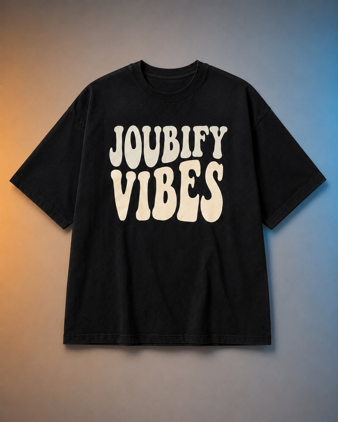 Joubify Vibes oversized black heavyweight tee with retro cream bubble print — flat product shot
