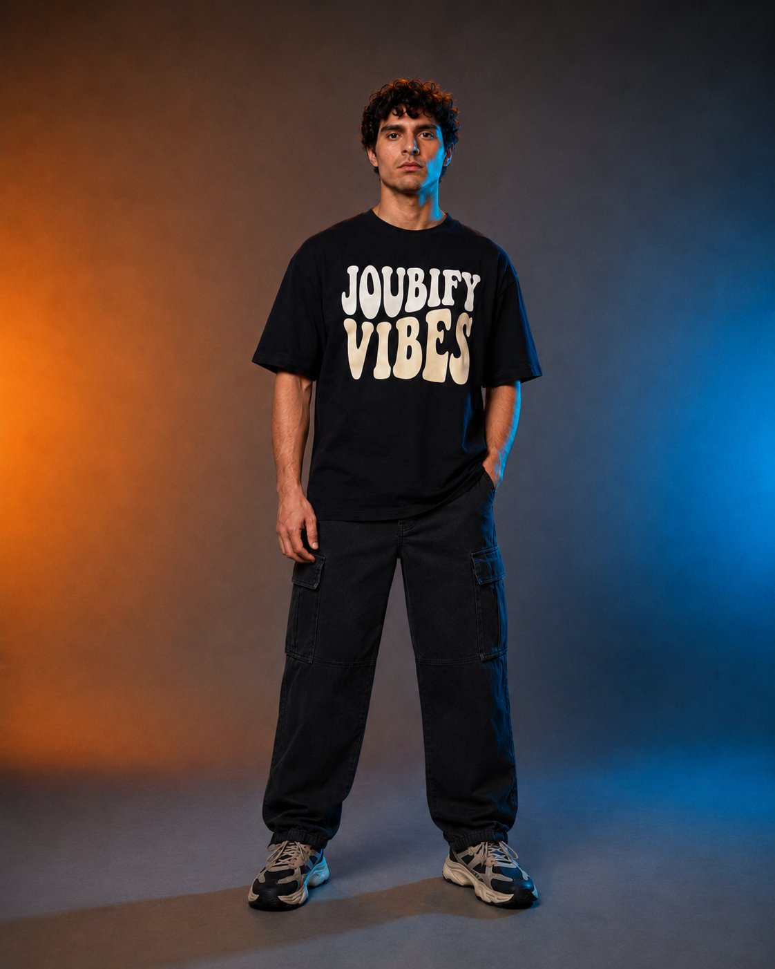 Joubie wearing the Joubify Vibes oversized black tee with black cargo pants under amber and blue studio light