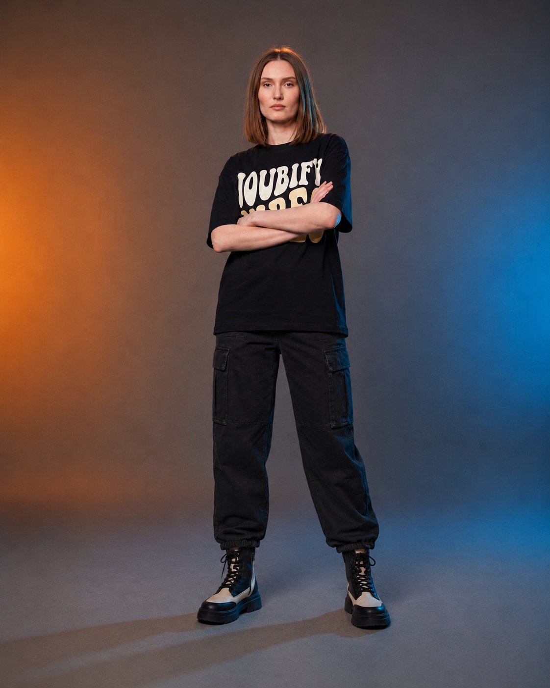 Nonna wearing the Joubify black wide-leg cargo pants with the Joubify Vibes tee in the noir studio