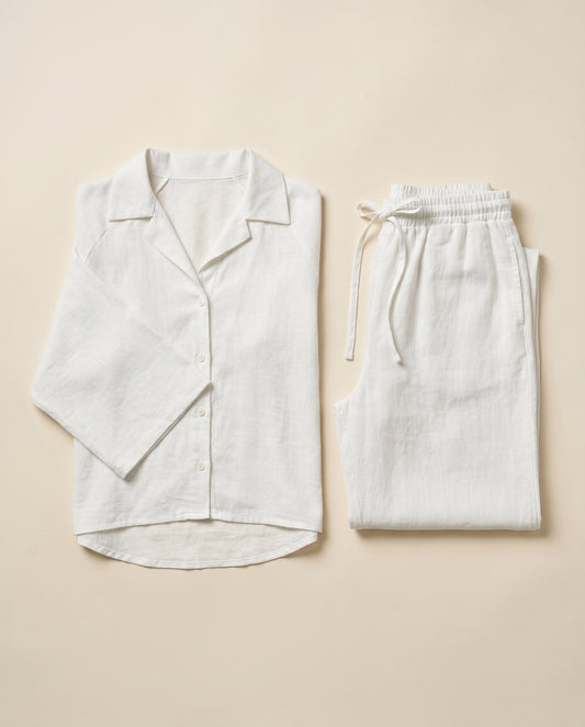Linen fabric flat-lay showing the Joubify linen outfit material and texture