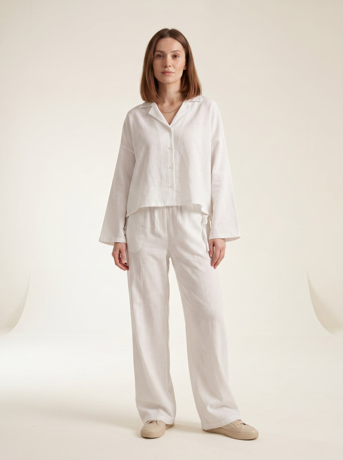 Nonna wearing the Joubify white linen outfit, correct women's garment construction